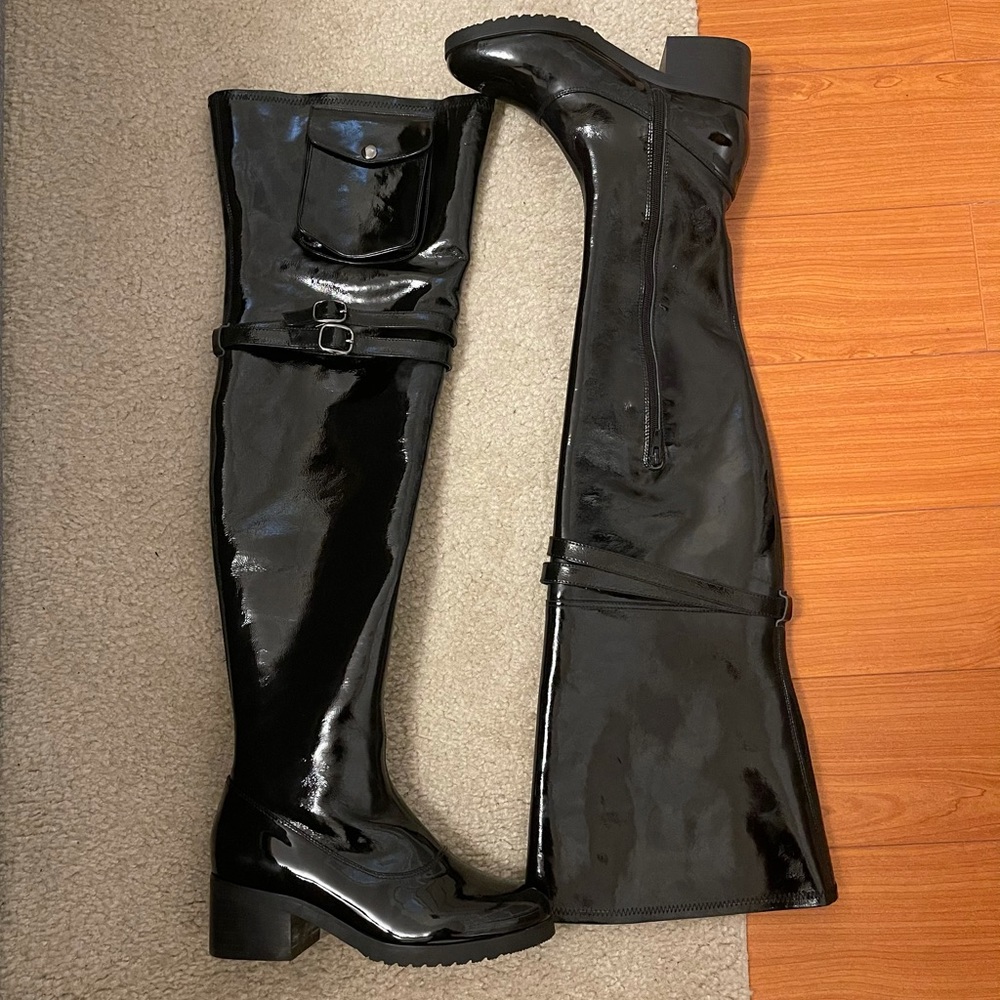 Size 36 thigh high black patent leather boots